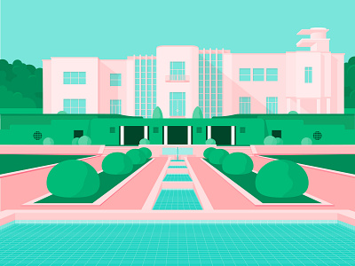 Casa De Serralves - architechture art deco bright building colour fountain garden green illustration illustrator park pink plants pool shadow vector water window