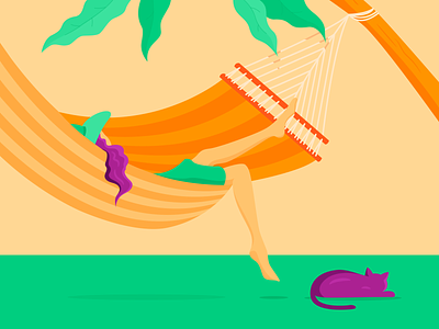 Lazy days - bright cat colour girl green hammock hat illustration illustrator leaves orange plant purple relaxing shadow stripes summer tree tropical vector