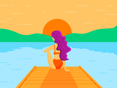Sunset swim - beach blue bright colour girl hair illustration illustrator lake light orange pier purple reflection shadow summer sun swim tropical vector