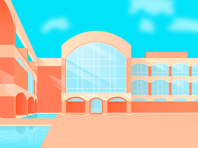Falmer House - University of Sussex arches architechture blue bright building colour contrast illustration illustrator light lines moat orange pool reflection shadow sky vector water window