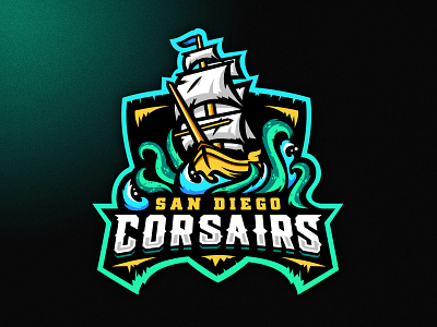 San Diego Corsairs Logo boat design esports football grunge illustration kraken logo neon pirate sea ship sports