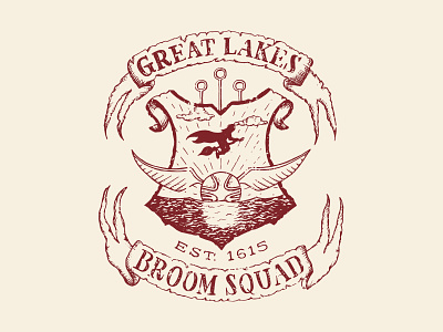 Great Lakes Broom Squad antique badge broom squad clouds emblem great lakes hand drawn hand lettering harry potter hogwarts illustration lake michigan lake superior lettering lettering artist michigan quidditch ribbon snitch vintage