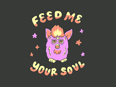 Soul-Eating Furby 1990s 90s 90s toy bubble type dead eyes feed me flat furby hand drawn hand lettering illustration lettering neon procreate scary toys soul soul eater stars