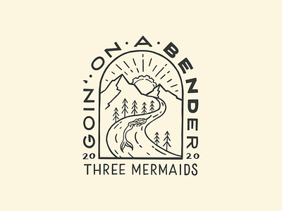 Goin' on a Bender Design arch logo beer design beer glass logo beer logo bend oregon bender bottle cap hand lettering illustration lettering logo logo design mermaid mountain nature oregon pine trees river sun typography