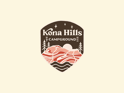 Kona Hills Badge 1970s 70s type badge badge logo campground camping hand drawn hand lettering illustration landscape lettering mountain national park pattern psychedelic swirly trees typography vintage style water