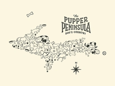 The Pupper Peninsula bulldog dog bones dog bowl dog illustration dog print dogs hand drawn hand lettering hound husky illustration lettering map michigan poster design puppies screenprint upper peninsula vintage type