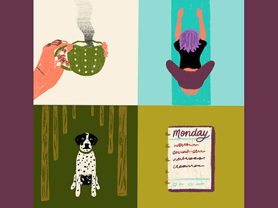 Morning Routine chalky dog hand hand lettering hound icon illustration mug plan planner routine simple sketch steam stretch tea trees woods yoga