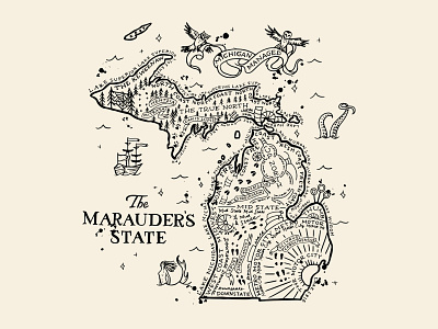 The Marauder's State cartography fresh coast hand drawn hand lettering harry potter illustration magical marauders map medieval mermaids michigan owls prisoner of azkaban state map wizard