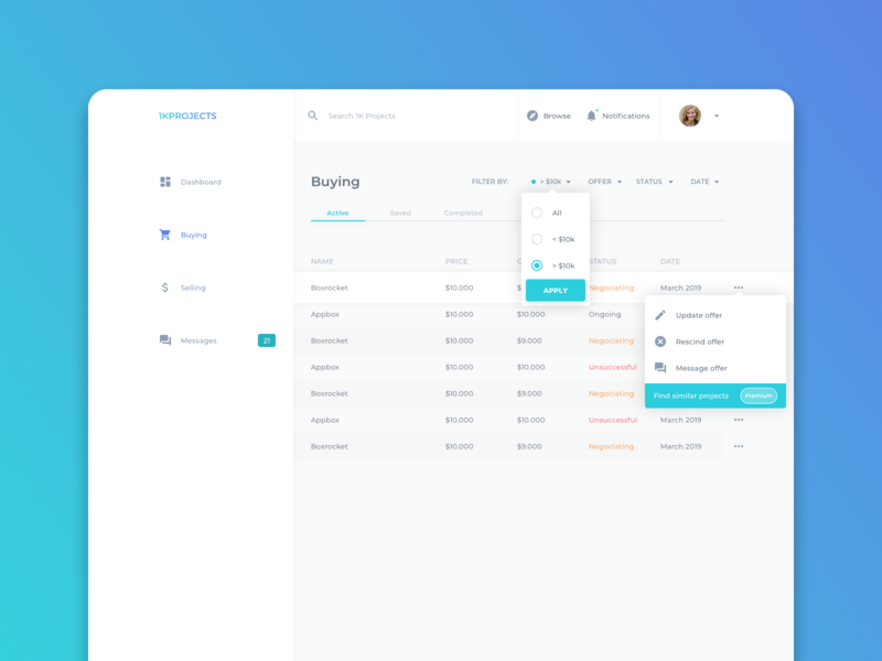 1KProjects - Buying w/ Filters app buying clean dashboard interface marketplace marketplace app offers ui web design