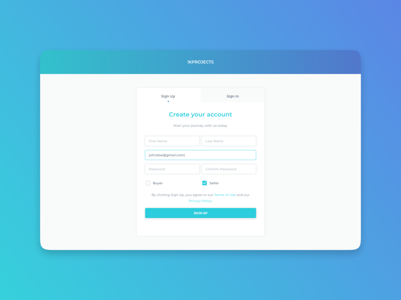 1KProjects - Sign Up create account email form interface signup ui web design