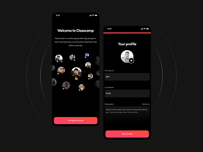 Classcamp iOS App - Onboarding and account setup app clean creators dark darkmode interface ios mobile startup ui