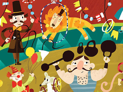 Circus arena athlete child circus clown color illustration lion magazine mood