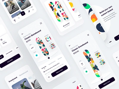 Custom Snowboards and Skateboards App app customization customize product design figma inspire interaction design mobile app mobile ui skateboard skateboarding snowboard snowboarding ui ui ux ui design uidesign uiux user interface ux design