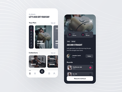 Boxing App app app design app layout app ui boxe boxing app design figma fitness gym inspiration inspire kickboxing mobile app mobile ui product design ui ui design ux design workout