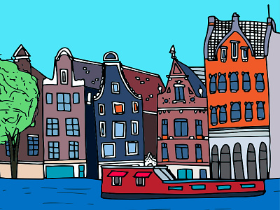 Amsterdam: Dancing Houses amsterdam architecture boat brick buildings dancing houses hand drawn illustration netherlands river