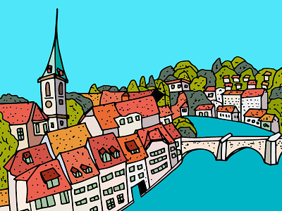 Bern, Switzerland architecture buildings europe hand drawn illustration illustrator river switzerland trees view