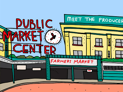 Pike Place architecture hand drawn illustration market pike place public market seattle usa