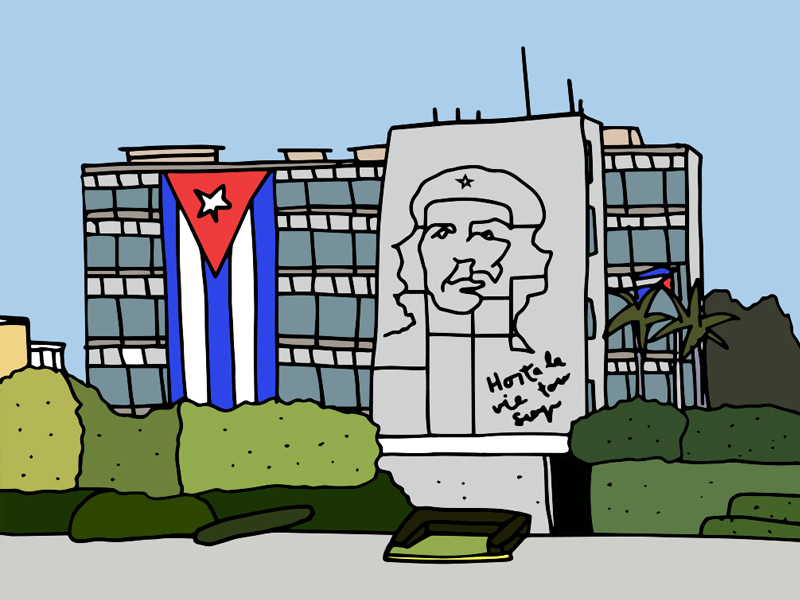 Plaza de la Revolución architecture che che guevara cuba flag hand drawn havana illustration plaza de la revolución vector