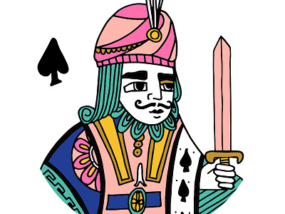 King of Spades deck of cards hand drawn illustration indian king king of spades royal sword turban