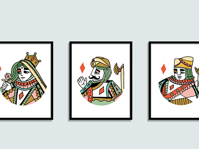 Diamonds crown deck of cards dimaonds fine art hand drawn illustration jack king poker queen royal turban