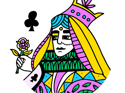 Queen of Clubs club crown flower hand drawn illustration india indian poker portrait queen of clubs royal sari woman