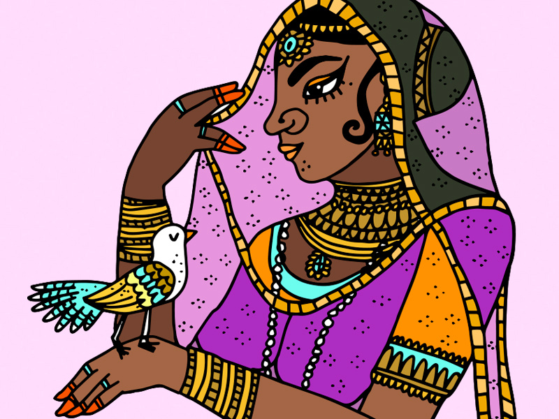 Woman vector draw ring bangles gold jewelry india sari south asian indian bird hand drawn illustration portrait woman