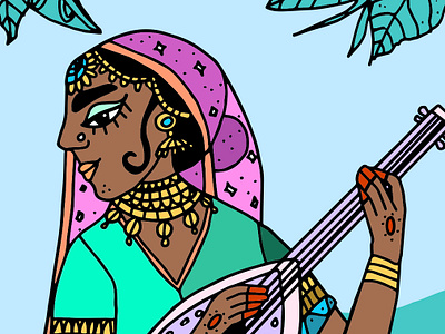 Musician guitar hand drawn illustration indian instrument jewellery musician musicians sari woman