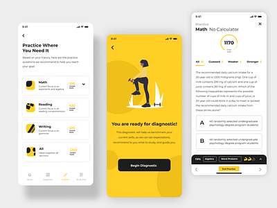 Test Study Practice app card design education educational interface mobile product quiz school study test ui white yellow