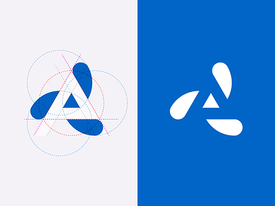 A logo blue branding circle geometry grid logo negative space triangle white