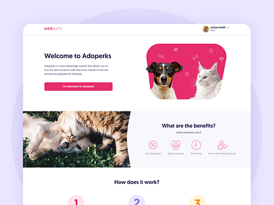 Adoperks adoption animal benefits branding brasil cat design dog dribbble icon landing page logo pets pink shot startup typography ui ux web