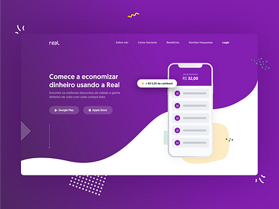 Real app branding brazilian cashback design dribbble landing page mockup money pattern purple shot ui ux web