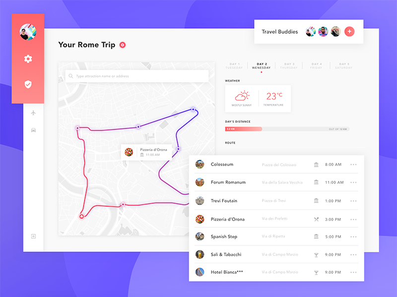 Rome Trip App pink purple user interface user experience ux ui route dashboard application desktop app