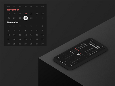 Tides app concept. Calendar view. Dark theme.