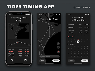 Tides timing app concept. Dark theme. app concept dark dark theme design minimal simple sketch ui ux ux ui design