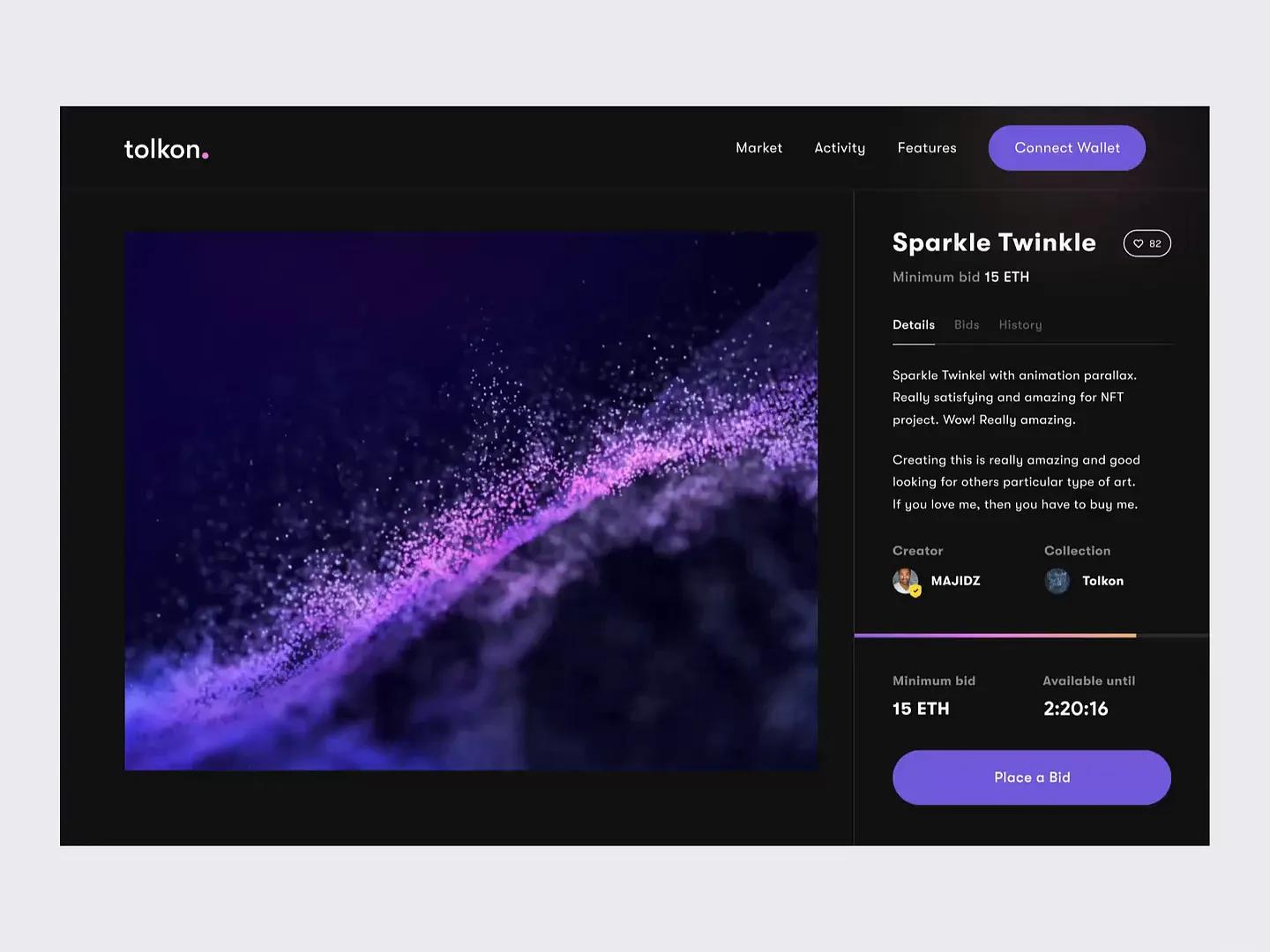 Dynamic Auction Website Design: Tolkon NFT Marketplace