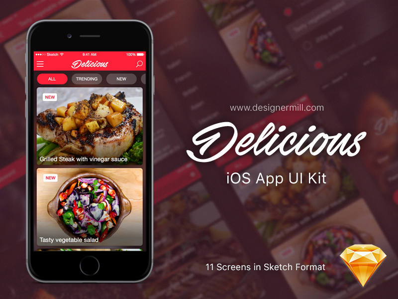 Delicious – Free Sketch UI Kit sketchapp download ui kit user interface app food ui sketch freebie free ios apple