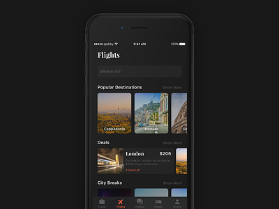 Travelisto UI Kit - Dark app filter free freebie ios ios 11 iphone list search sketch travel ui