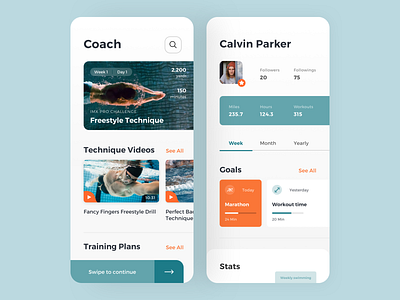 Swimming Coach App coach exercises fitness health sport swimming training ui user experience user interface workout