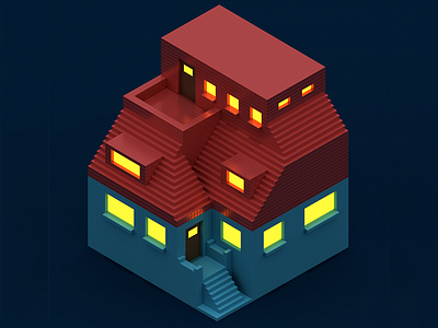 Isometric House at Night 3d architecture blue c4d cinema4d dark house isometric night red voxel yellow