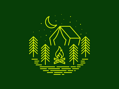 Camp Scene badge boy scouts camp campfire camping design graphic design green illustration line art lines logo monoline moon scouts tent tree