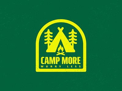 Camp More, Worry Less badge bold camp scene campfire camping clean design fire geometic illustration logo minimal shapes tent thick lines
