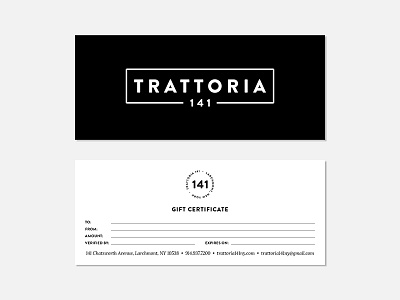 Gift Certificate – Trattoria 141 brand design brand identity branding gift certificate graphic design logo logo design print design restaurant branding stationery design sub mark typography