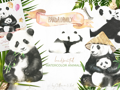 Watercolor Panda Family illustration, greeting cards,characters. animal baby shower card graphics greeting card illustration panda panda bear sale watercolor watercolor clipart watercolor panda