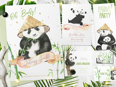 Watercolor Panda Family illustration, greeting cards,characters.