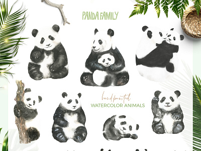 Watercolor Panda Family illustration, greeting cards,characters.