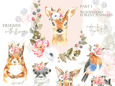 Woodland forest Animals clipart, watercolor illustration, deer