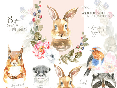 Woodland forest Animals clipart, watercolor illustration, deer animal animal illustration baby shower bunny card clipart design easter easter bunny forest graphics ideas illustration kids nursery otter squirrel vintage wall art watercolor