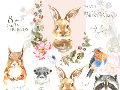 Woodland forest Animals clipart, watercolor illustration, deer