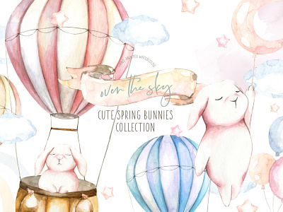 "Over The Sky" Cute Watercolor Bunnies illustrations Nursery art animal baby shower balloon bunny cartoon clipart cute flying bunny greeting card hot air balloon illustration kids nursery printable rabbit wall art watercolor woodland