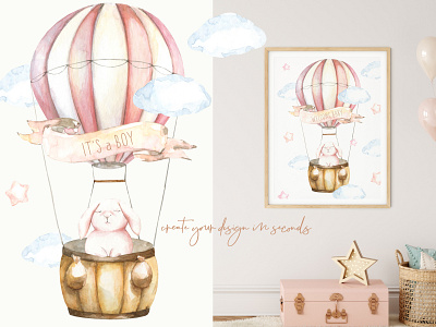 "Over The Sky" Cute Watercolor Bunnies illustrations Nursery ar animal baby shower bunny card cartoon clipart cute flying bunny greeting card hot air balloon illustration kids nursery rabbit vintage wall art watercolor woodland